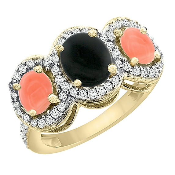 14K Yellow Gold Natural Black Onyx & Coral 3-Stone Ring Oval Diamond Accent, size 5