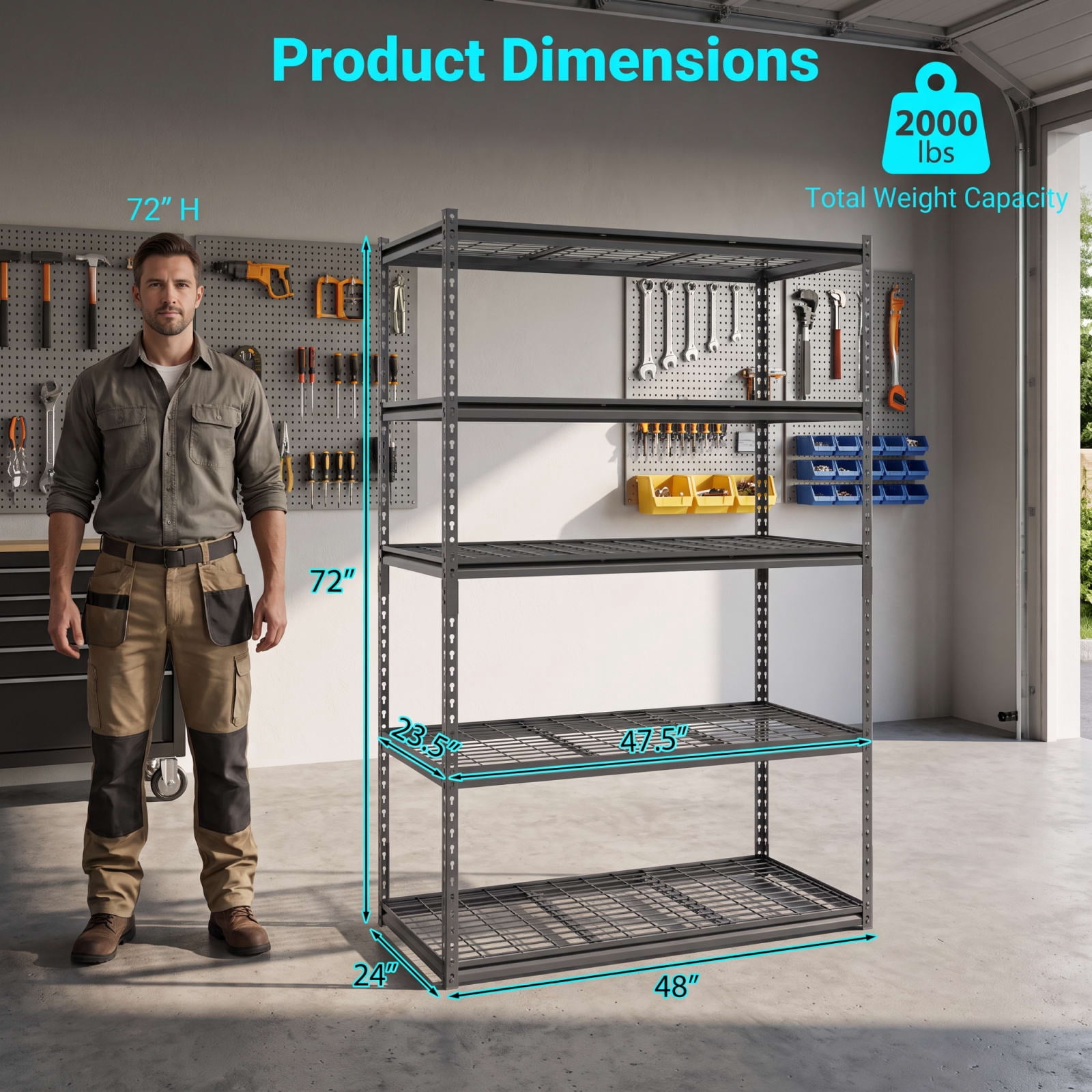 Biotree 5-Tier Metal Shelving Unit 2000 lbs Capacity with Adjustable Wire Shelves for Garage Warehouse, Black