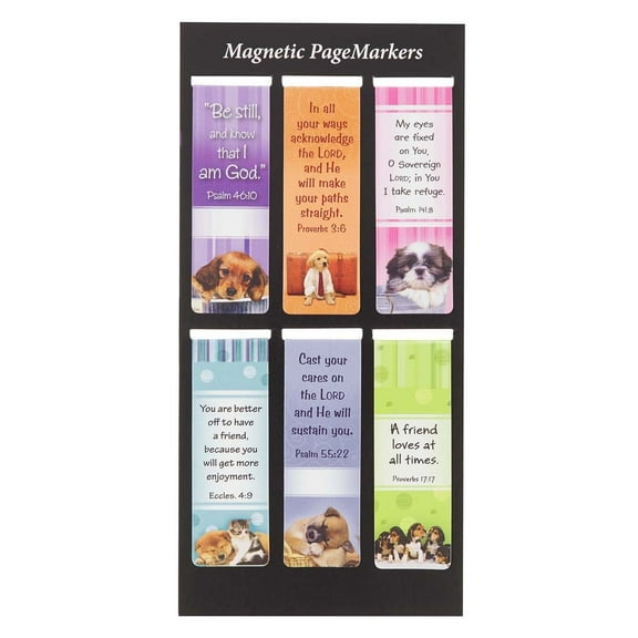 Christian Art Gifts Set of 6 Puppy Faces (Style #2) Inspirational Magnetic Bible Verse Bookmark, Size Small 2.3" x .75"