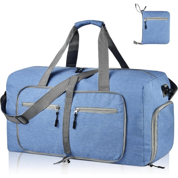 Medium travel tote bag, suitable for both men and women. Durable, lightweight, and foldable travel tote bag, 60L tote bag with shoe compartment, foldable weekend travel bag (BLUE).
