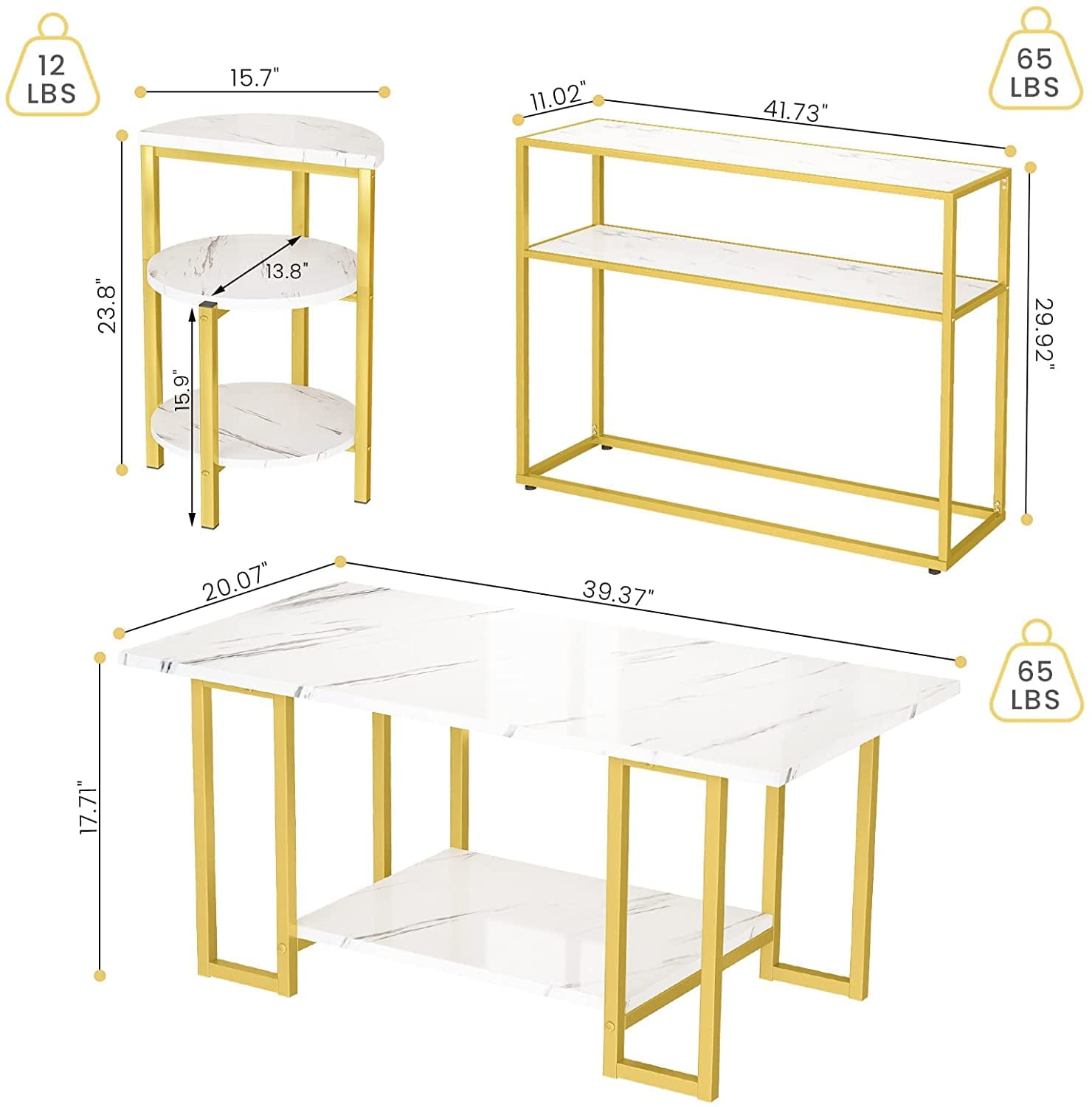 AWQM Storage Multi 3 Tiers 2 Pieces Marble Coffee Table, 2 Side Table, White/Gold