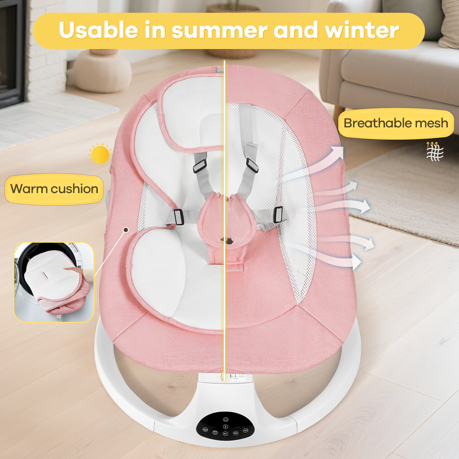 Baby Swing for Infants 0-18 Months, 5 Speed Bluetooth Bouncer with 10 Lullabies, Portable Infant Swing Chair with Detachable Toys & Mosquito Net, Lightweight for Home & Travel, Pink