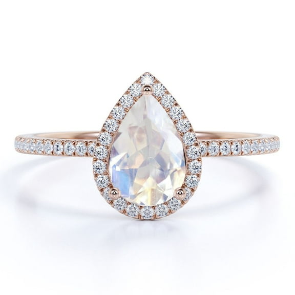 JeenMata 1 Carat Pear Shaped Blue Moonstone and Moissanite Halo Engagement Ring in 18k Rose Gold over Silver