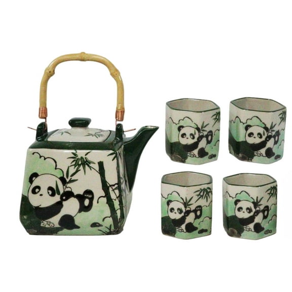 Green Bamboo Lucky Panda Bear Ceramic Hexagonal Teapot With 4 Tea Cups Set