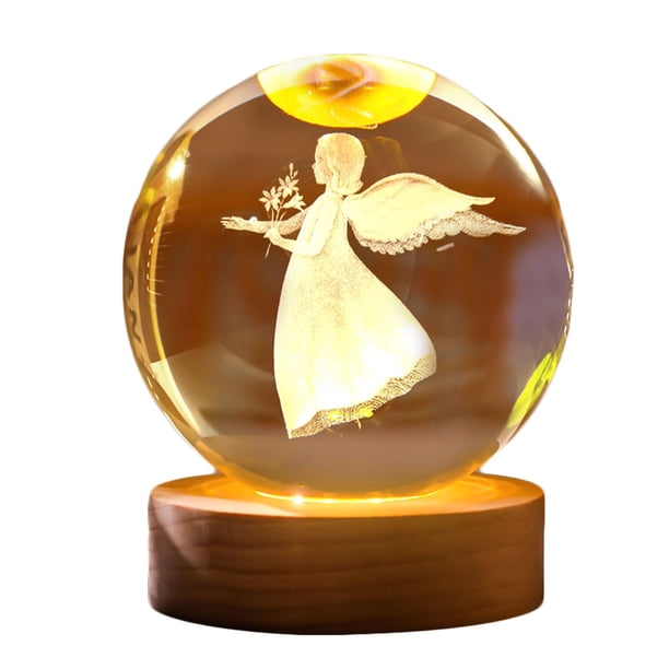 Luz nocturna de cristal 3D Decoración navideña Ángel Luz nocturna luminosa de cristal con luz LED Decoración Ángel Lámpara de cristal con base de madera