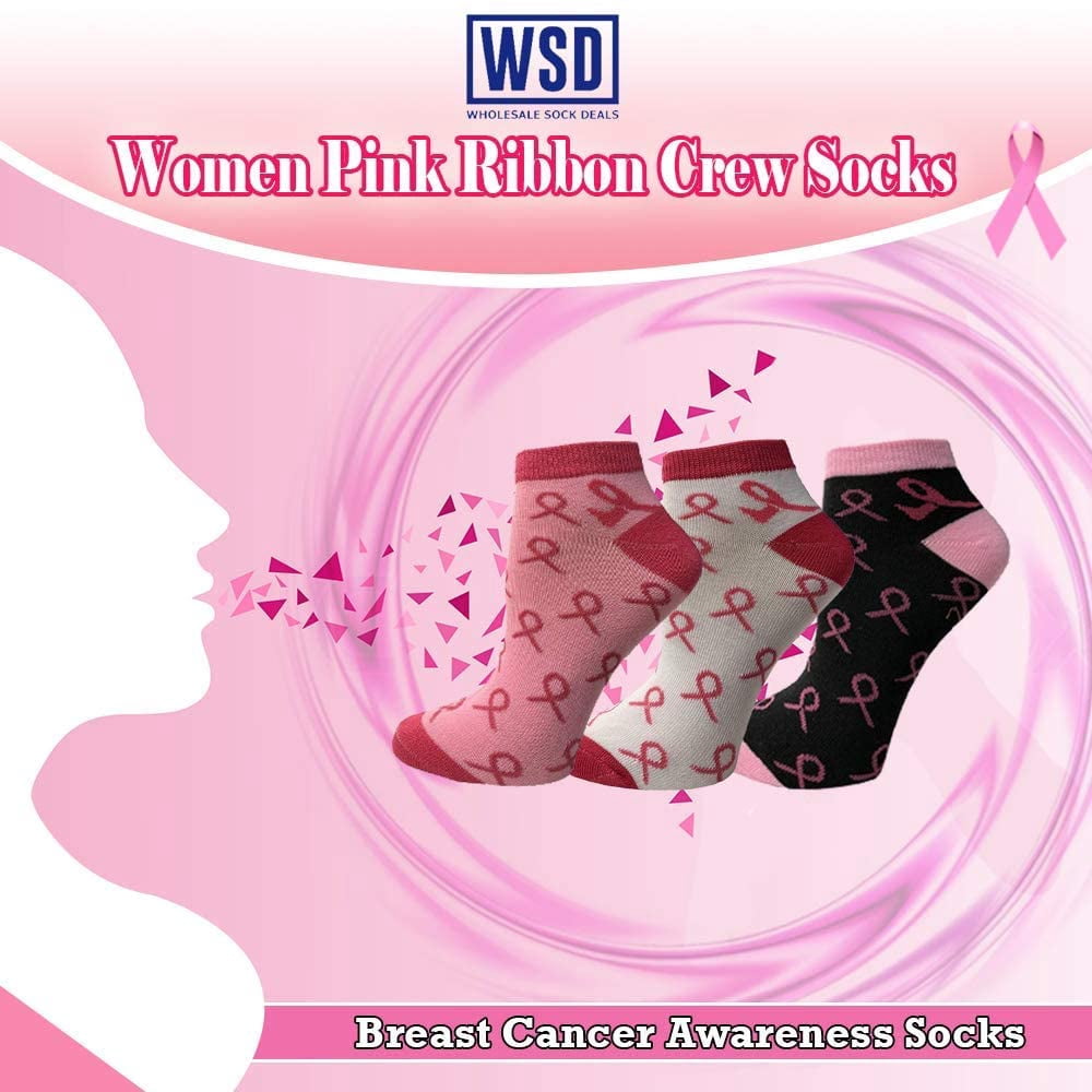 YACHT & SMITH Pink Ribbon Breast Cancer Awareness Ankle/Crew Socks for Women (12 Pairs Assorted A (Ankle) Women (9-11))