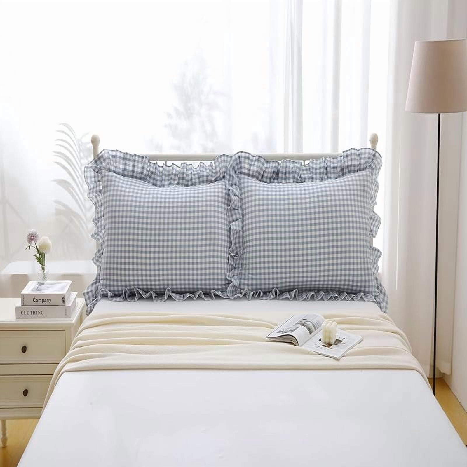 2 Pack Blue White Plaid Euro Pillow Shams with Ruffles Checkered Pillowcases Gingham Pillow Cases Washed Cotton Farmhouse Cottage Pillow Covers for Bed/Sofa(26X26inches,Blue/White Plaid)