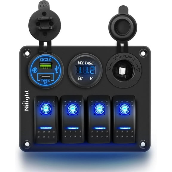 Nilight 4 Gang Rocker Switch Panel Waterproof Pre-Wired Aluminum Panel with PD Type C and USB Cigarette Lighter Socket Voltmeter 12V 24V ON Off Switch Panel for Car Trucks Boats RVs, 2 Years Warranty
