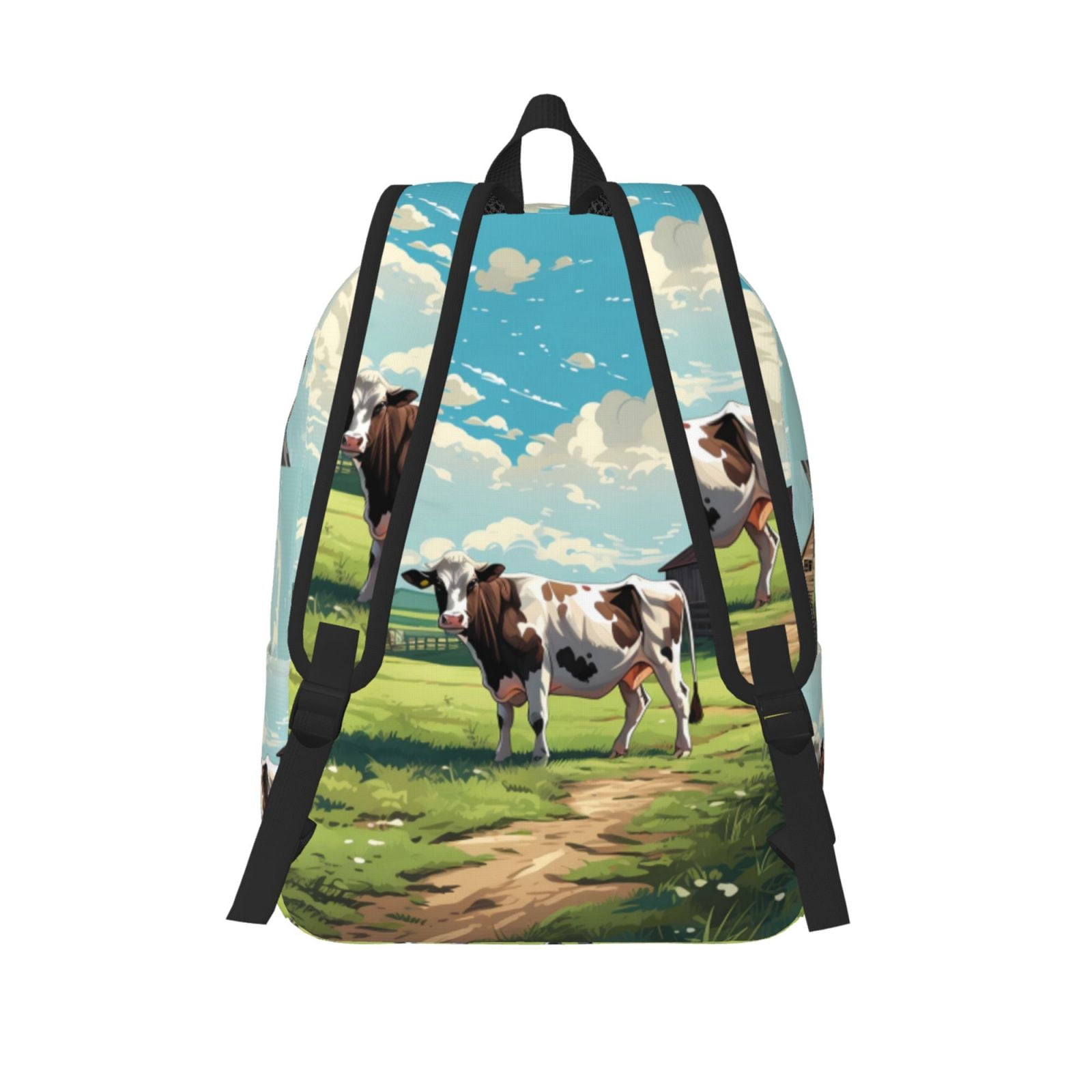 Picia Prairie Pasture Cow Printed Canvas Daypack - Stylish and Durable Vintage Compact Backpack - Class, Work, Travel, or Laptop Bookbag,Organized Compartments-Medium