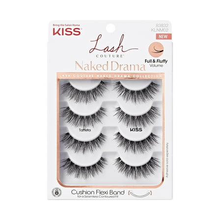 KISS Lash Couture Naked Drama False Eyelashes, Strip Lashes, Taffeta, Black, 14mm, 4 Pairs
