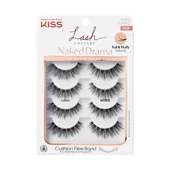 KISS Lash Couture Naked Drama False Eyelashes, Strip Lashes, Taffeta, Black, 14mm, 4 Pairs