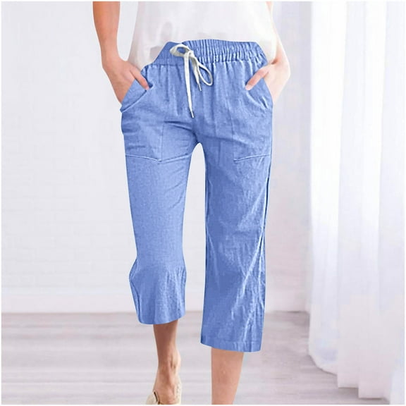 Qeaghou Women's Capri Pants Elastic Waist Linen Capri Pants 2024 Plus Size Straight Leg Trousers Summer Beach Casual Cropped Pants