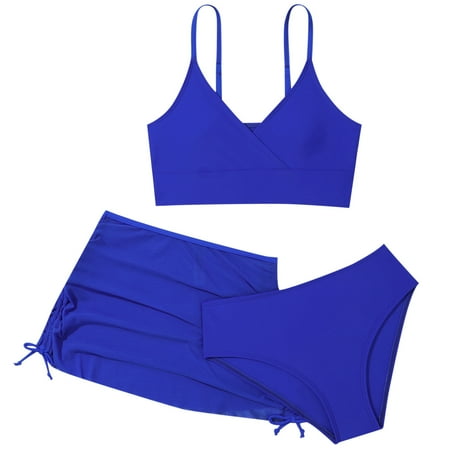 YFELWZ Girls Swimsuit 3 Piece Plain Wrap Bikini With Ruched Cover Up Skirt Set Swimwear for Kids Size 14Y