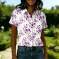 thumbnail image 4 of Women's Hawaiian Summer Beach Shirt Floral Tropic Print Short Sleeve V Neck Button Up Tops Purple M, 4 of 5