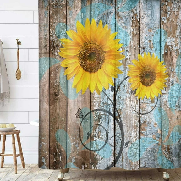 Farmhouse Rustic Shower Curtain, Sunflower Country Fall Autumn Floral Flower on Rural Barn Wooden Fabric Shower Curtain, Yellow Brown Black Teal Bathroom Curtains with Hooks Sets, 69x70inches