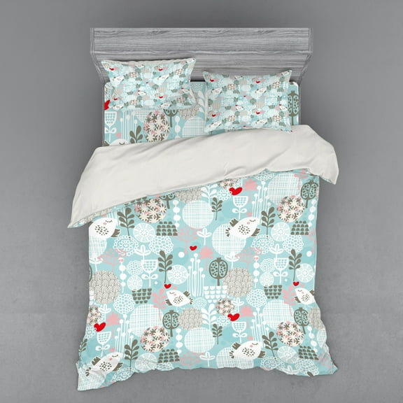 Ambesonne Floral Bedding Set 4 Pcs, Valentines Birds, Queen, Multicolor