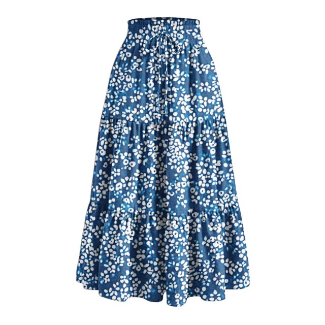 Women's Floral Tiered Ruffle Maxi Skirts Boho A Line Flared High Waist Vintage Flowy Long Skirt with Drawstring