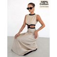 thumbnail image 3 of Apricot 100% Cotton Sleeveless Color-Blocked Hollowed-Out Maxi Dress, High-Waisted With Slit, Casual Beach Elegance, 3 of 6
