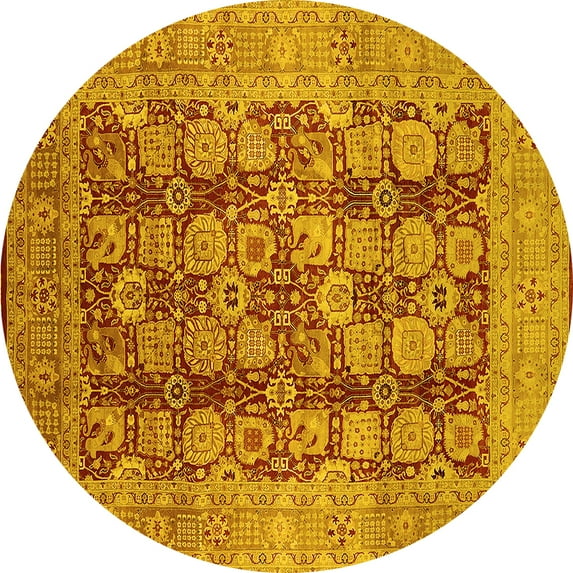 Ahgly Company Machine Washable Indoor Round Oriental Yellow Traditional Area Rugs, 7' Round