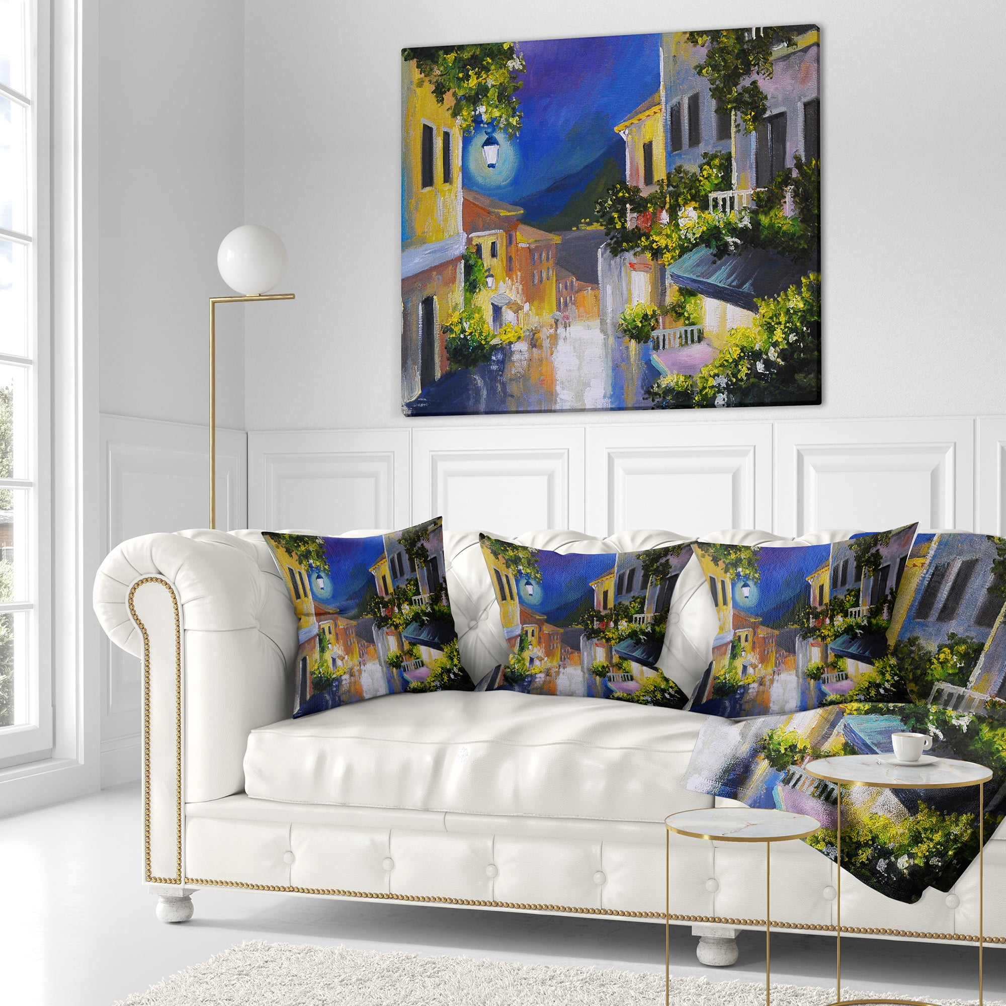 Designart Night City near Sea - Landscape Printed Throw Pillow - 18x18