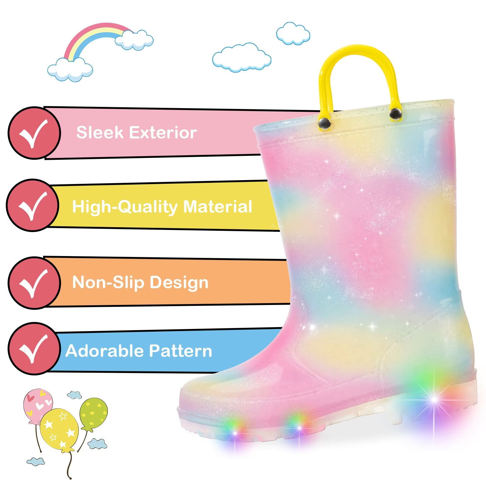 FUNCOO PLUS Toddler Kids Rain Boots Girls Light Up Waterproof Boots with Handles, Ombre, Big Kid Size 3