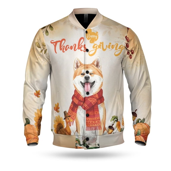Happy Thanksgiving Akita with Turkey Pumpkins Autumn Vibes All Over Print 3D Baseball Jacket Inu Dog Lover Bomber Jacket Softball - 12018