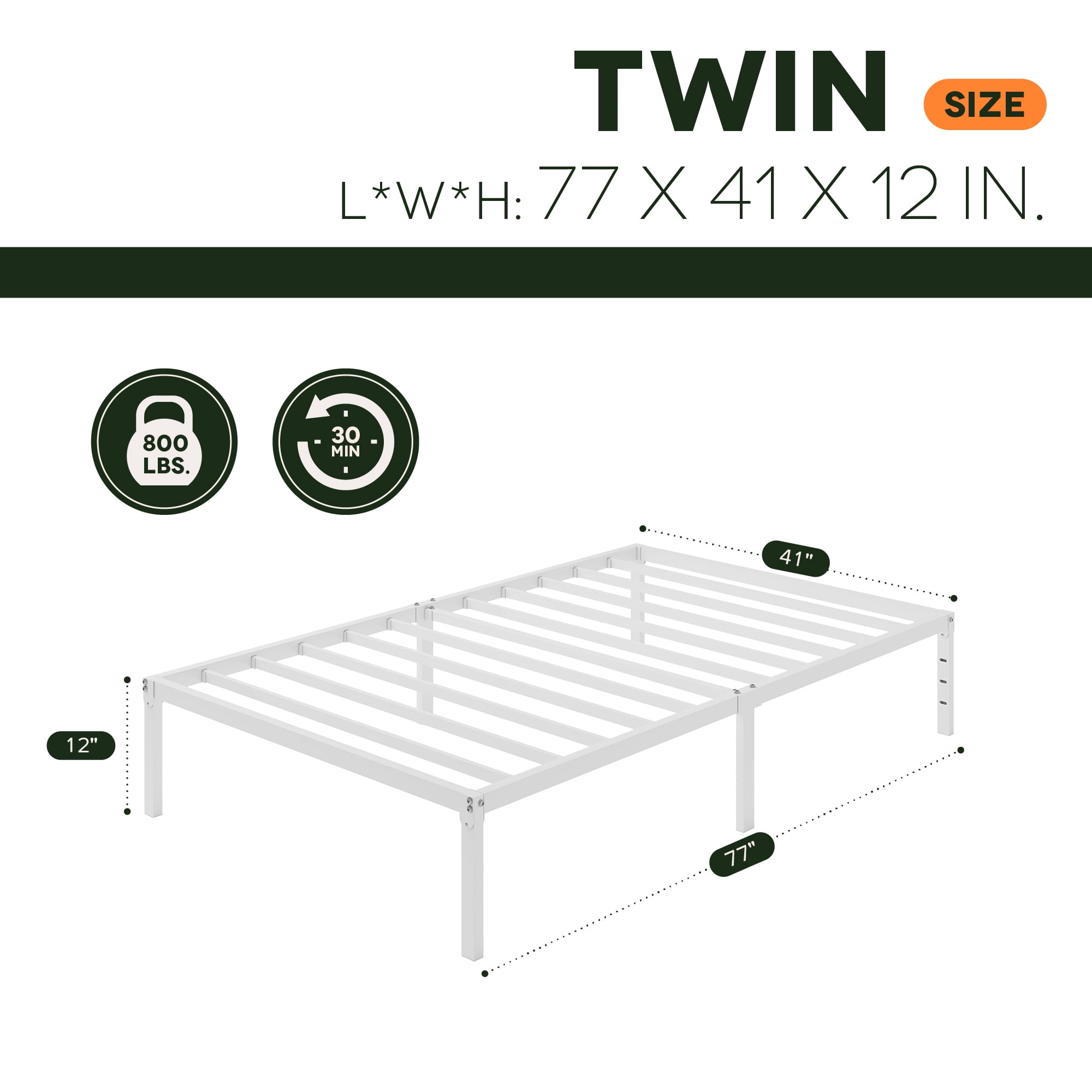 Einfach Twin Bed Frame, 12'' Metal Platform Bed with Ample Under-Bed Storage Space, Heavy Duty, No Box Spring Needed, White