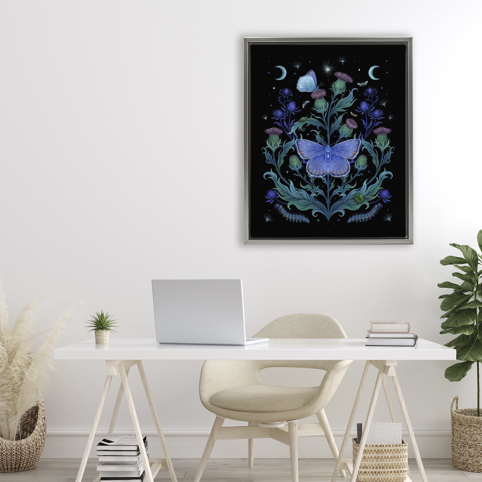 Stupell Industries Thistles & Insects at Night Gray Framed Floater Canvas Wall Art, design by Episodic Drawings