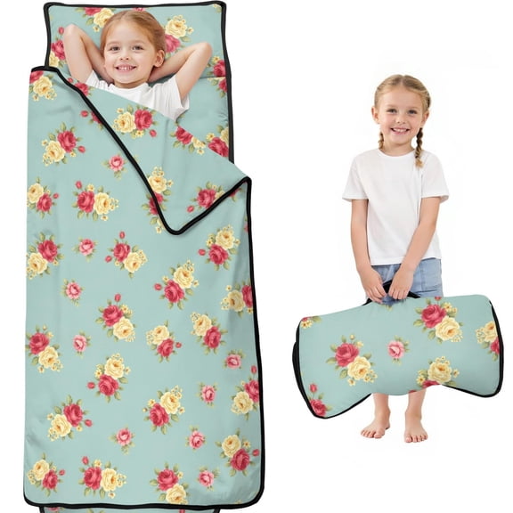 Pioneer Flower Floral Print Pattern Teens Toddler Nap Mat with Pillow, Sleeping Mat Bag for Preschool Daycare 59"x22"