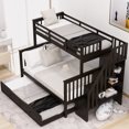 thumbnail image 2 of Twin-Over-Full Bunk Bed with Trundle, Modern Solid Wood Triple Bunk Bed Frame with Storage, Stairs and Guardrails for Bedroom, Dorm Room, Espresso, 2 of 8