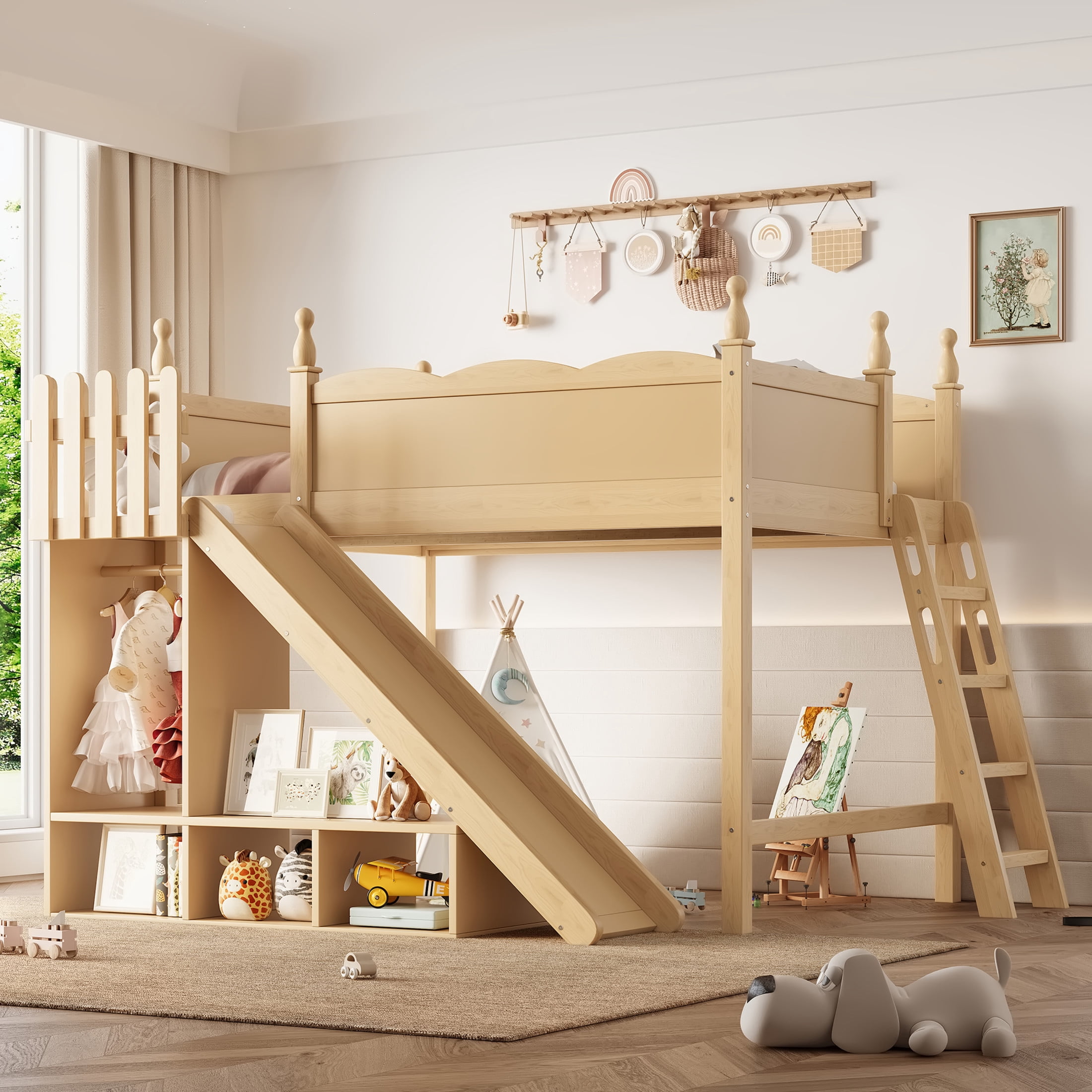 Noble House Full Loft Bed with Storage Shelves, Detachable Slide and Ladder, Natural