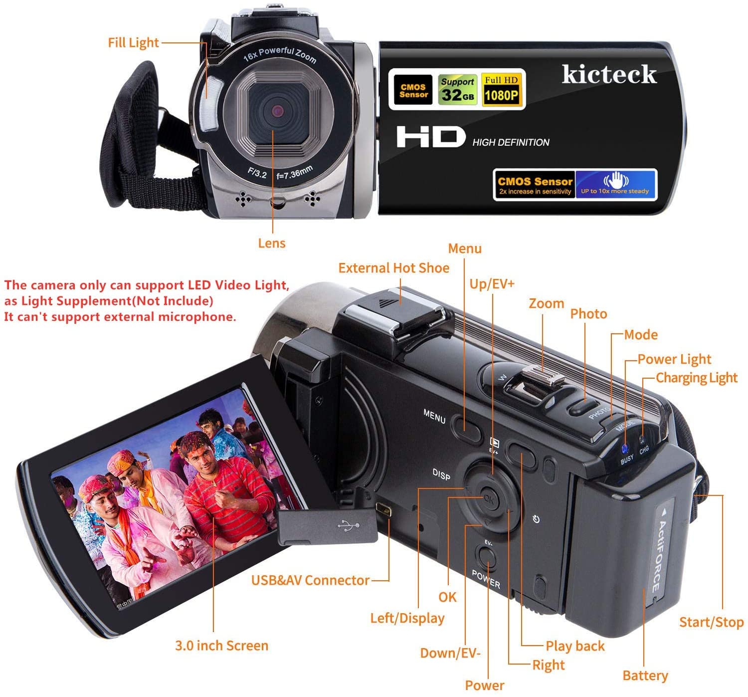 Video Camera Camcorder Digital Camera Recorder kicteck Full HD 1080P 15FPS 24MP 3.0 Inch 270 Degree Rotation LCD 16X Zoom Camcorder with 2 Batteries(604s) - image 2 of 8
