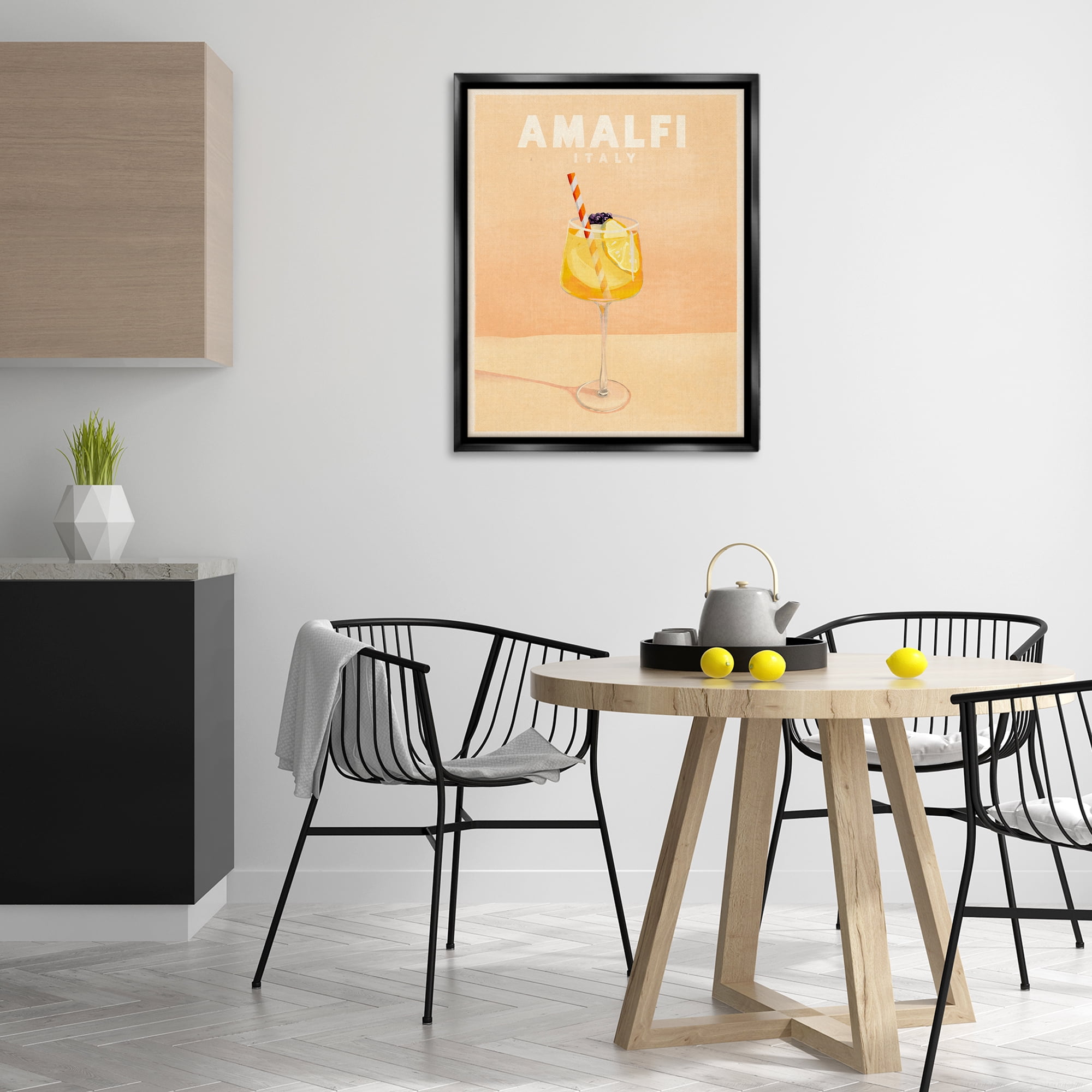 Stupell Industries Amalfi Italy with Cocktail Food & Beverage Painting Black Floater Framed Canvas Art Print Wall Art, 25 x 31