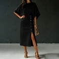 thumbnail image 5 of RFQWOVSR Women's Solid Color Elegant Round Neck Short Sleeve Top Midi Skirt 2 Piece Set Casual Office Summer Dress Outfit M, 5 of 5