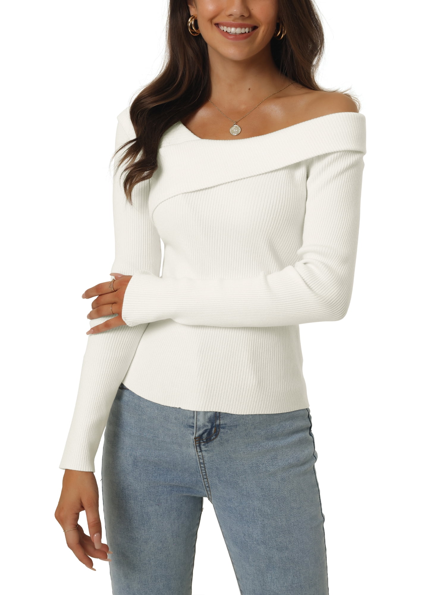 Unique Bargains Women's Long Sleeve V Neck Chocker Slim Fit Sweater Tops White XL