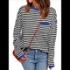 thumbnail image 1 of Suéter de Punto Suave A Rayas para Mujer, Camisa Holgada con Bolsillo en el Pecho. Azul de Luna L, 1 of 5