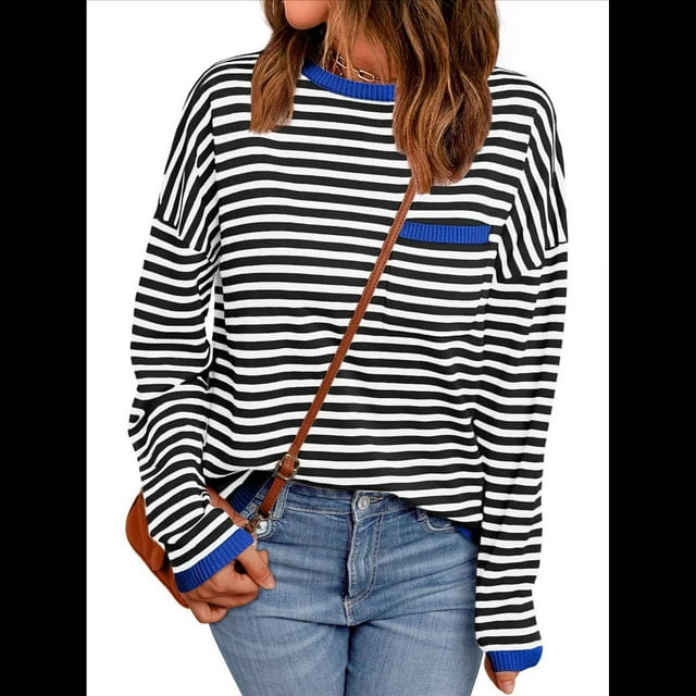 Suéter de Punto Suave A Rayas para Mujer, Camisa Holgada con Bolsillo en el Pecho. Azul de Luna M