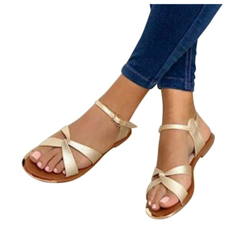 

Women s Summer Casual Round Toe Buckle Cross Strap Flat Solid Color Sandals