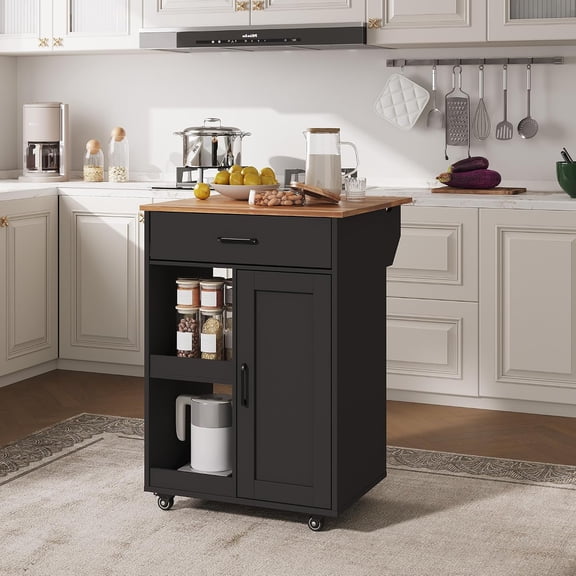 31.2 In Rolling Kitchen Island Cart with Drop Leaf Storage Cabinet Drawer and Open Shelves Black