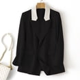 thumbnail image 5 of Women Casual Suit Coat Notched Lapel Long Sleeve Patchwork Color Suit Jacket Double Breasted Flap Pockets Loose Fit Office Lady Outwear, 5 of 8
