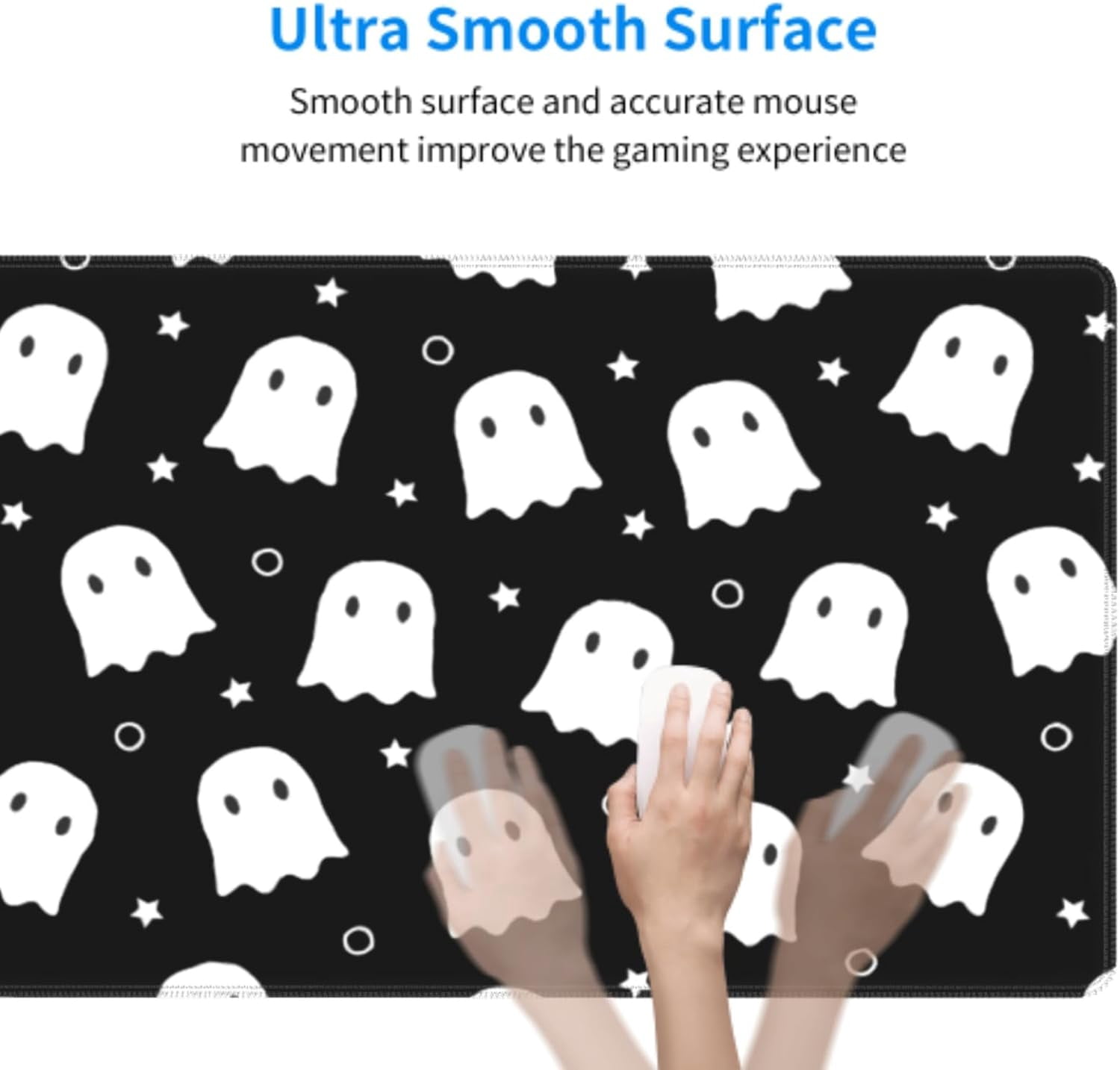 Cute Ghost Mouse Pad XL 31.5 X 11.8 Inch Halloween Kawaii Spooky Funny Design Black White Gaming Mousepad Extended Large Laptop Keyboard Desk Mat Non-Slip Rubber Base Stitched Edges for Home Office