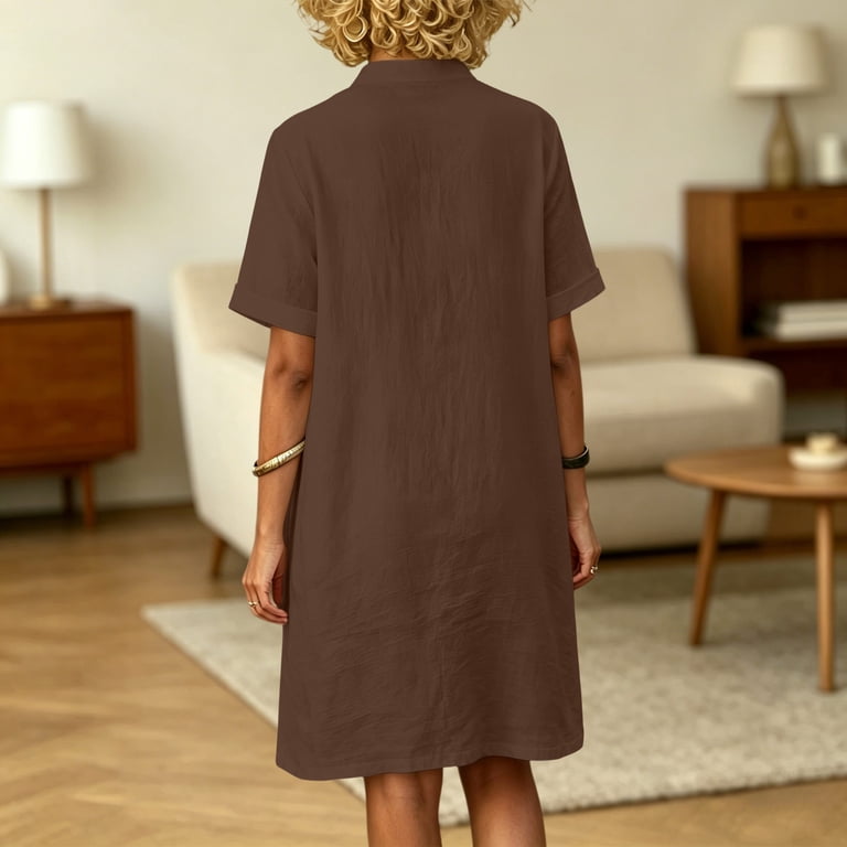 ladies shift dress Linen for Women Textured Stand Collar Dress with Pockets Summer Breathable Office Casual Dress for Brown L POWERLING_DONE_NL