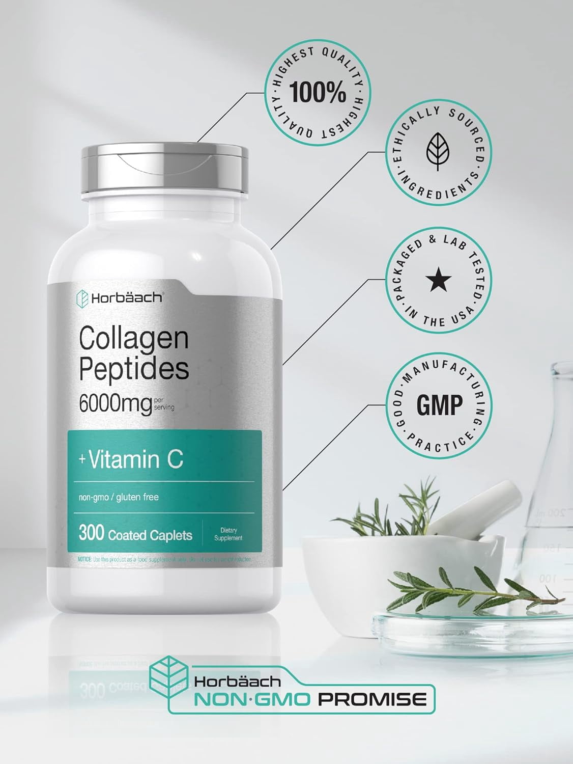 Collagen Peptides 6000mg | 300 Caplets | with Vitamin C | by Horbaach