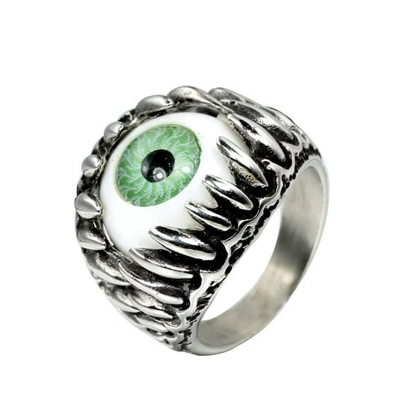 HIJONES Men's Stainless Steel Punk Giant Tooth Claw Eye Gemstone Biker Ring Gothic Titanium Chunky Finger Band Silver Green Stone Size 8