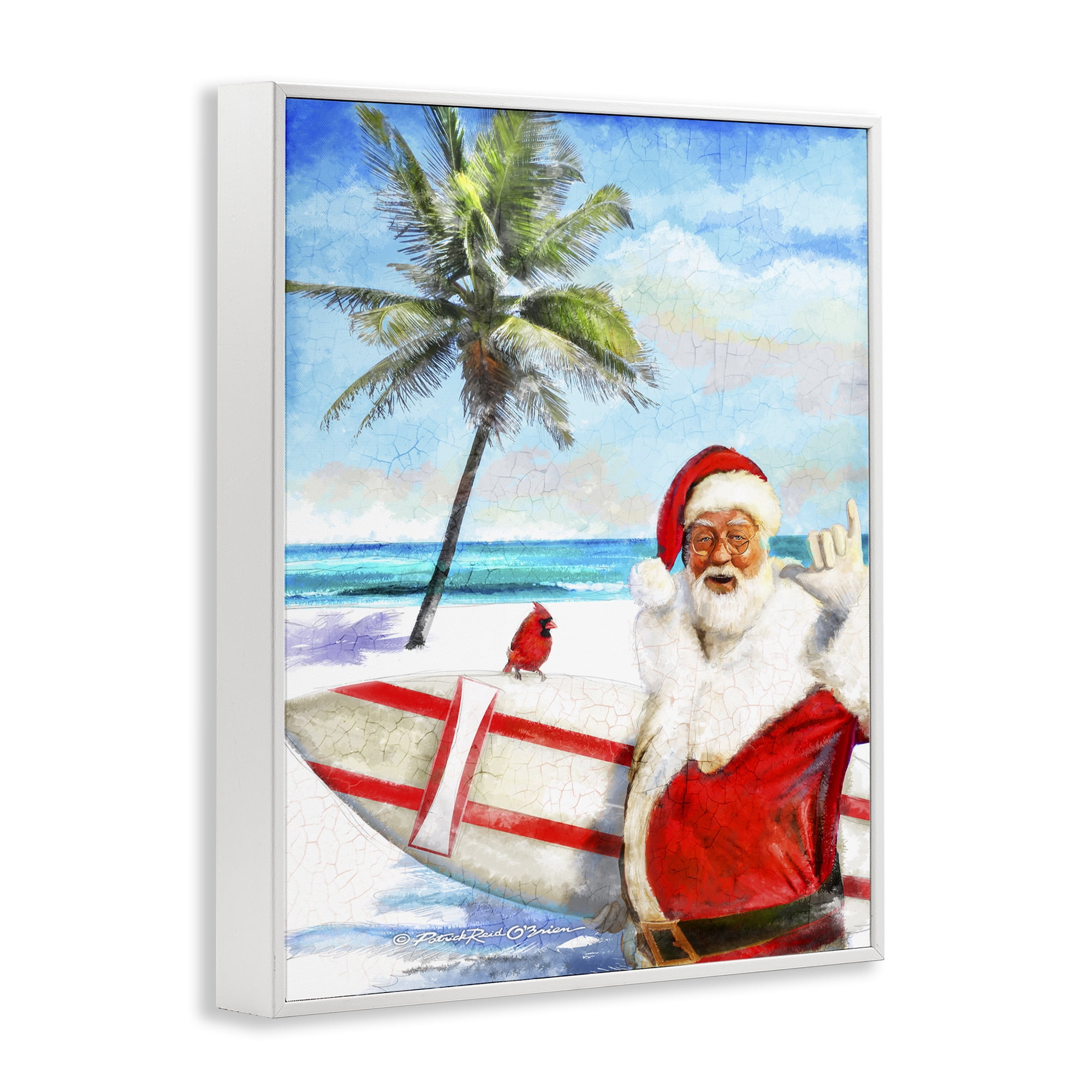 Stupell Industries Surfing Santa at Beach Holiday Painting White Framed Art Prints Wall Art, 16 x 20
