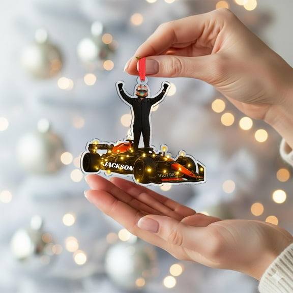 Personalized Formula Race Car Acrylic Christmas Ornament with Lights Custom Driver Name, Racing Holiday Tree Decor, Motorsports Home Keepsake Gift