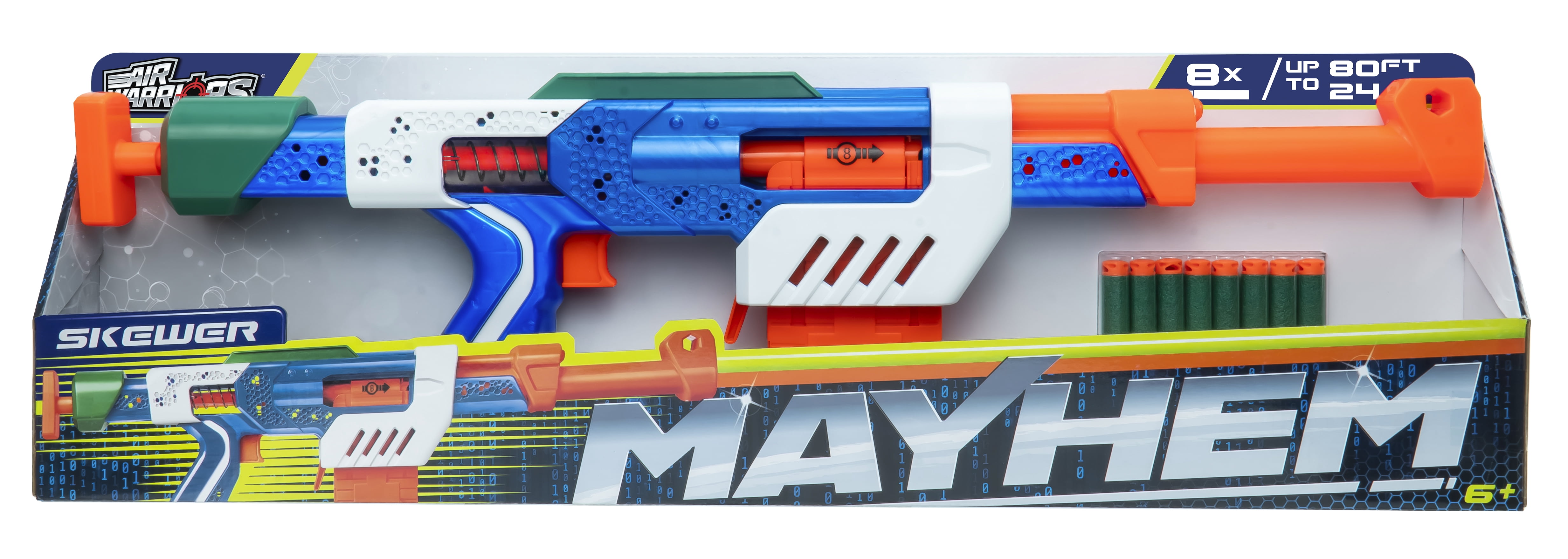 Air Warriors Mayhem Skewer Clip-Fed Dart Blaster with 8 Accu-Blast™ Darts, Piston Pump Action, Shoots Up to 80 Ft, Ages 6+
