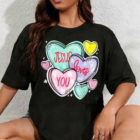 100% Cotton Unisex Jesus Loves You Valentine Christian Conversation Heart Retro T-Shirt