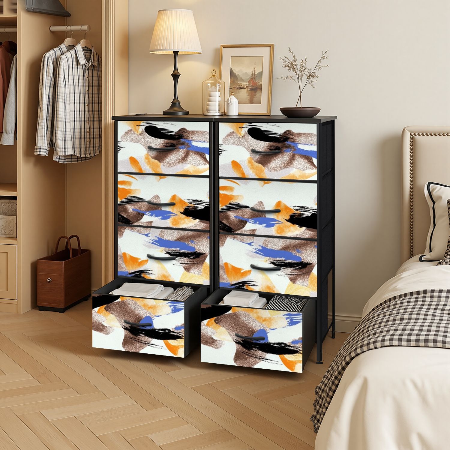 4 Drawer Vertical Storage Dresser Abstract brush strokes watercolor patterns banners posters fabric with Wood Top Fabric Pull Drawers