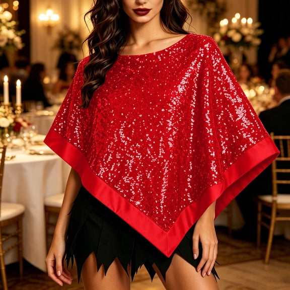 Fantasy Costume Accessory, Irregular Sequin Poncho Shawl, Glitter Triangle Sequined Wrap Cape for Halloween Party Wedding Evening Costume, Multi Color Sparkly Cover Up, Red One Size